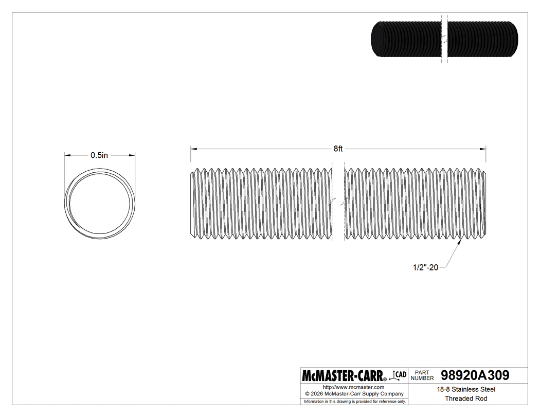 Technical Drawing of 18-8 Stainless Steel Threaded Rod, 1/2"-20 Thread Size, 8 Feet Long.
